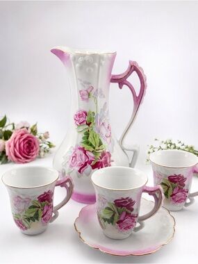 Antique Hand Painted Pink Rose Porcelain Pitcher/ Chocolate Pot Set